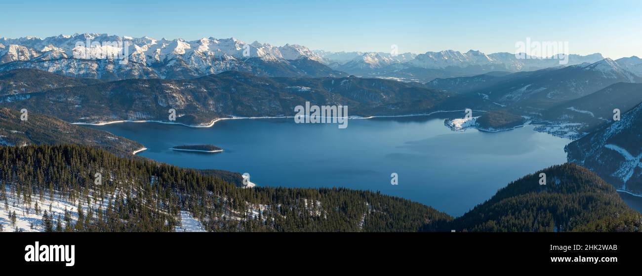 View towards lake Walchensee and the Karwendel mountain range. View from Mt. Jochberg near lake Walchensee during winter in the Bavarian Alps. Germany Stock Photo