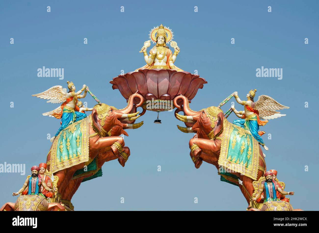 Gajalaxmi Statue at entrance gate of Nilkanthdham, Swaminarayan temple Poicha, Gujarat, India Stock Photo