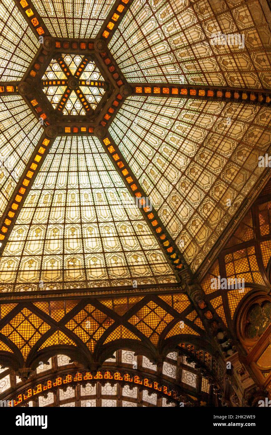 Stained glass ceiling inside Ferenciek Tere (Square of the Franciscans