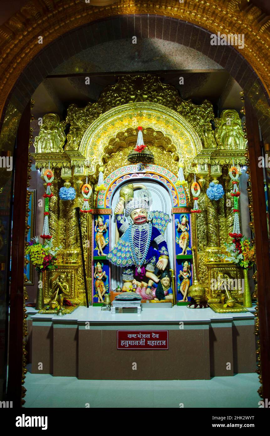 Lord Hanuman idol inside the temple at Swaminarayan temple, Nilkanthdham, Poicha, Gujarat, India Stock Photo