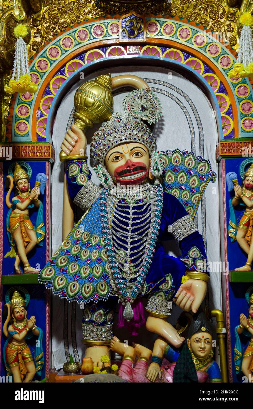 Lord Hanuman idol inside the temple at Swaminarayan temple, Nilkanthdham, Poicha, Gujarat, India Stock Photo