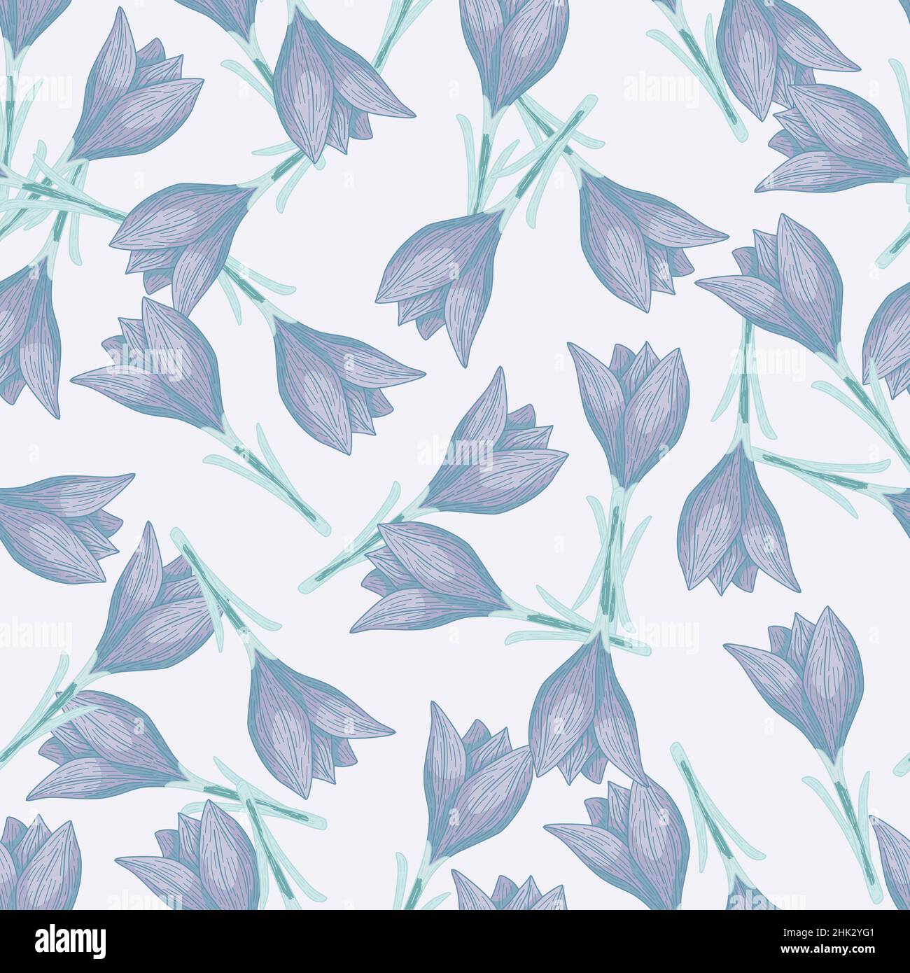 Vintage seamless pattern with blue outline crocus flowers print. Light ...