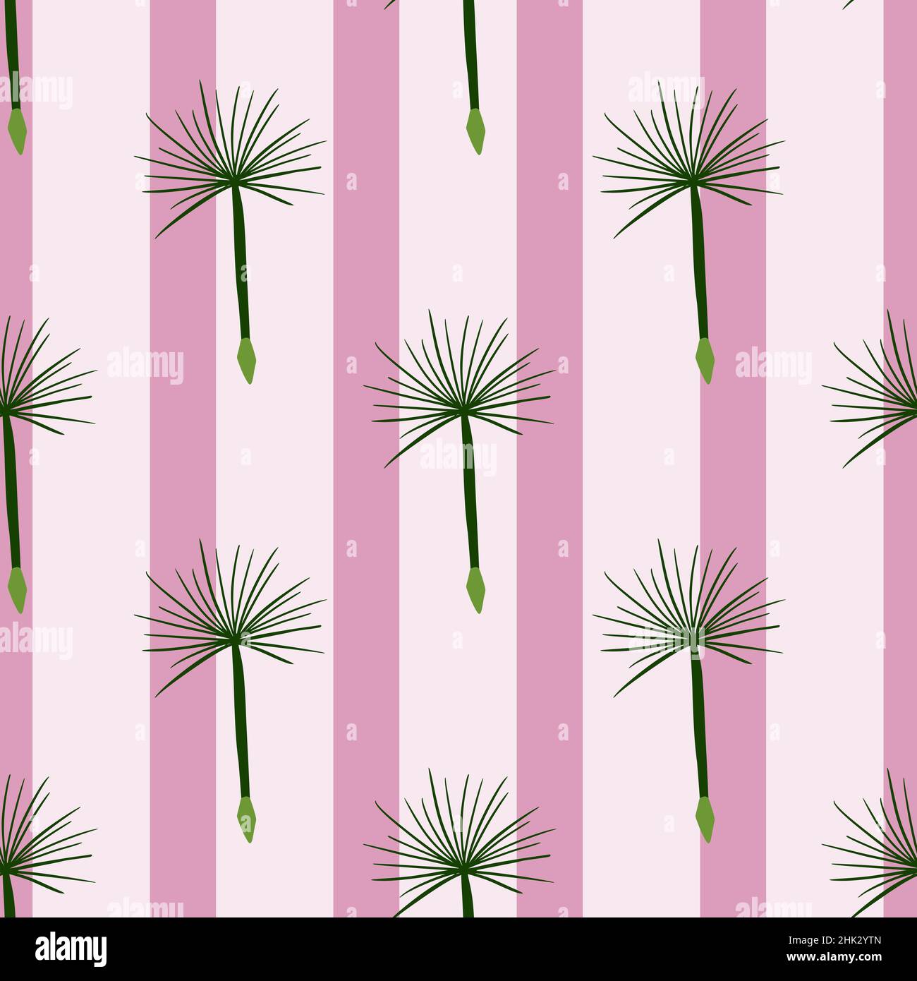 Hand drawn seamless pattern with doodle green dandelion flowers print. Pink striped background. Stock illustration. Vector design for textile, fabric, Stock Vector