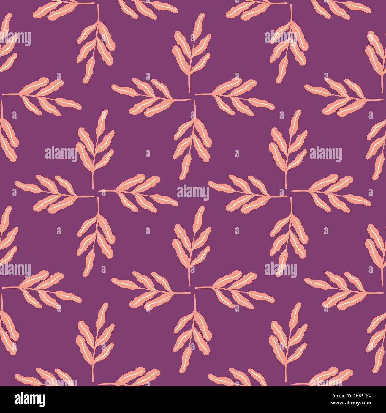 Geometric foliage seamless pattern with light orange leaves on purple background. Abstract floral backdrop. Flat vector print for textile, fabric, gif Stock Vector