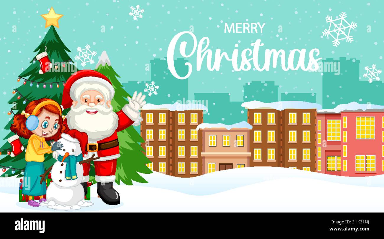Merry Christmas post card design with Santa Claus and a girl ...