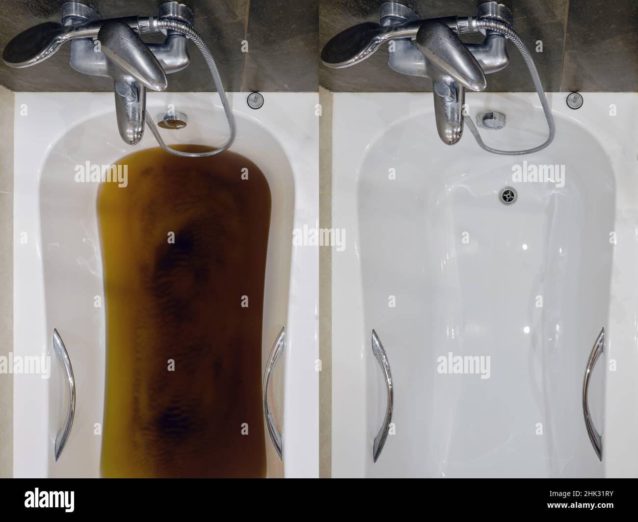A bathtub filled with dirty water due to a clogged sewer pipe before and after cleaning the
