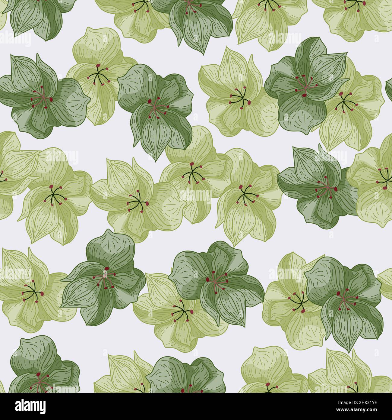 Green flowers pale tones seamless pattern with orchid silhouettes ...