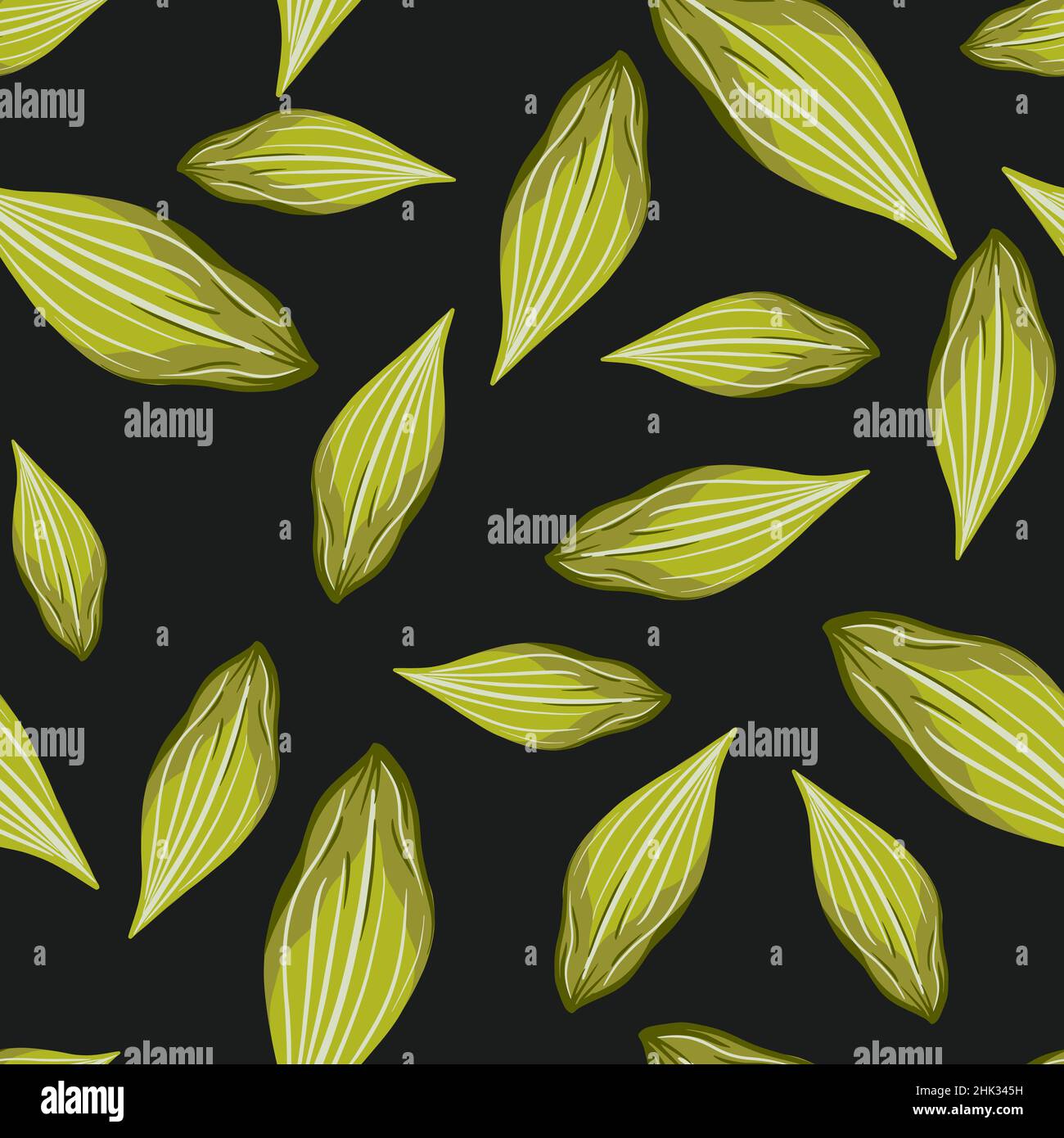 Abstract seamless pattern with green leaf elements. Black background ...