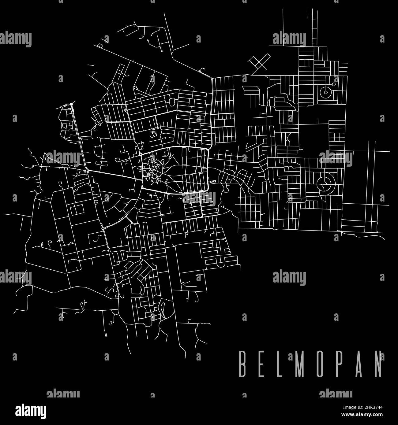 Belmopan city province vector map poster. Capital of Belize municipality square linear road map, administrative municipal area, white lines on black b Stock Vector