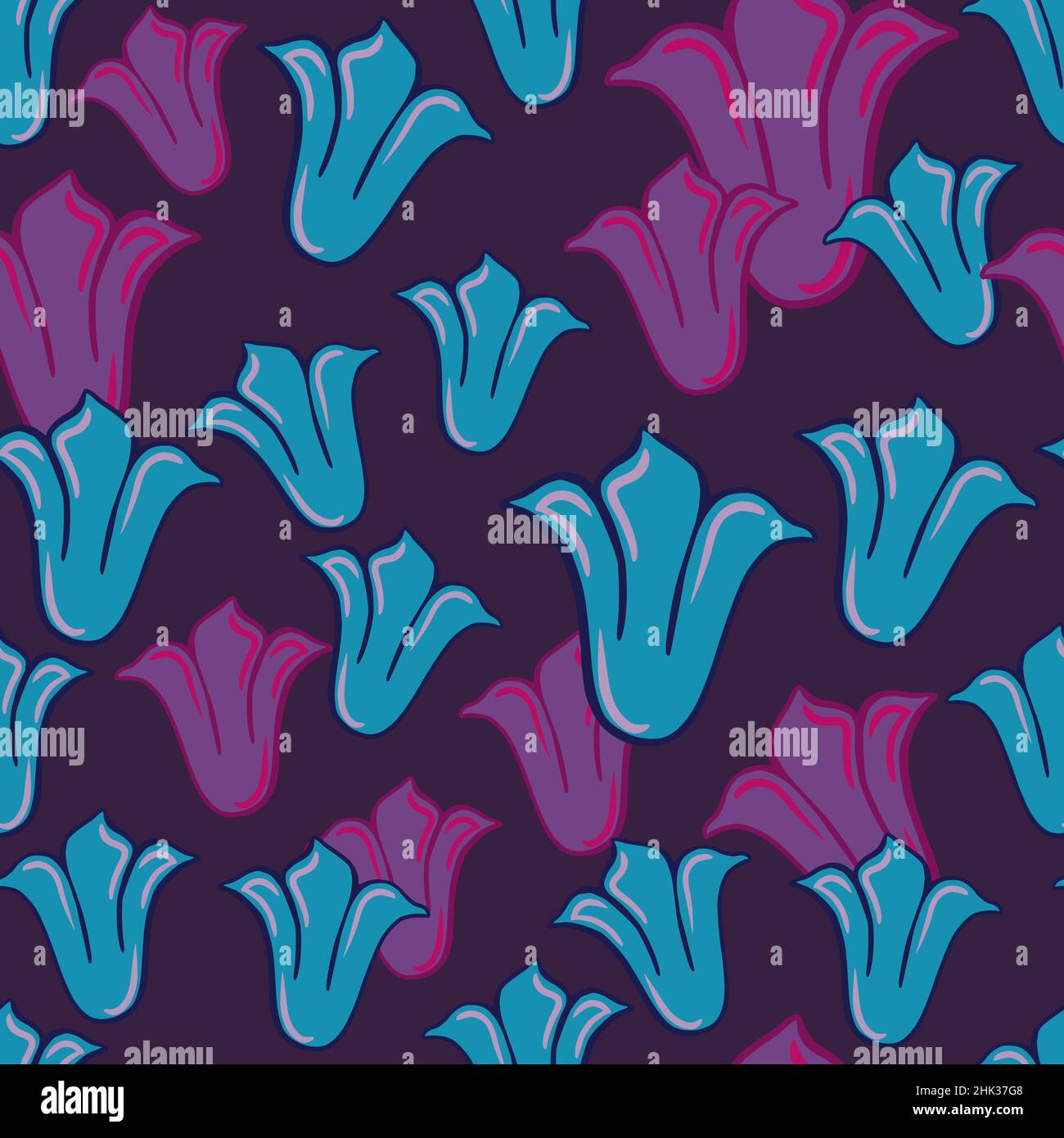 Nature botanic seamless pattern with purple and blue random tulip buds ...