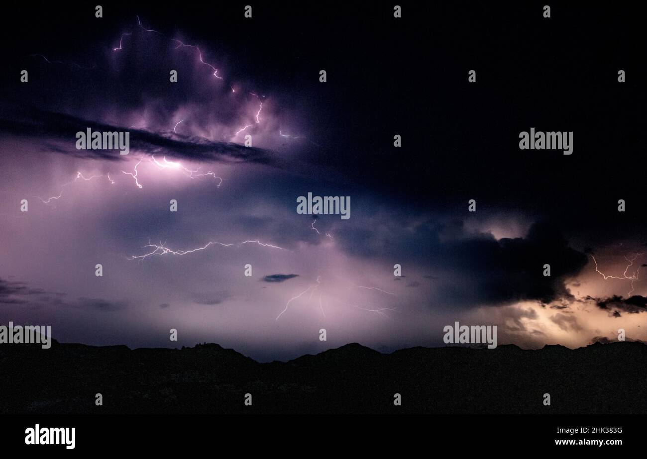 Intense lightning during thunderstorm in Medora, North Dakota, USA Stock Photo