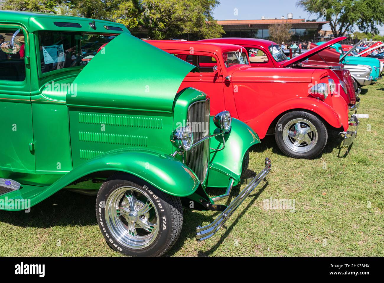 Marble Falls, Texas, USA. Row of vintage automobiles at a car show