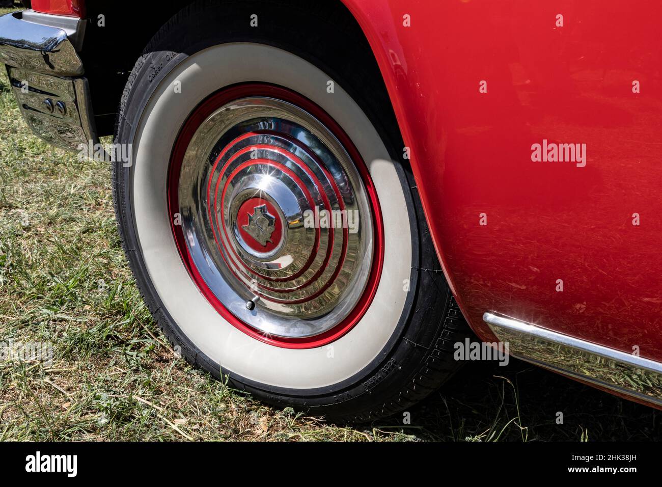 Marble Falls, Texas, USA. Whitewall tires and chrome hubcap on a vintage Mercury Monterey. (Editorial Use Only) Stock Photo