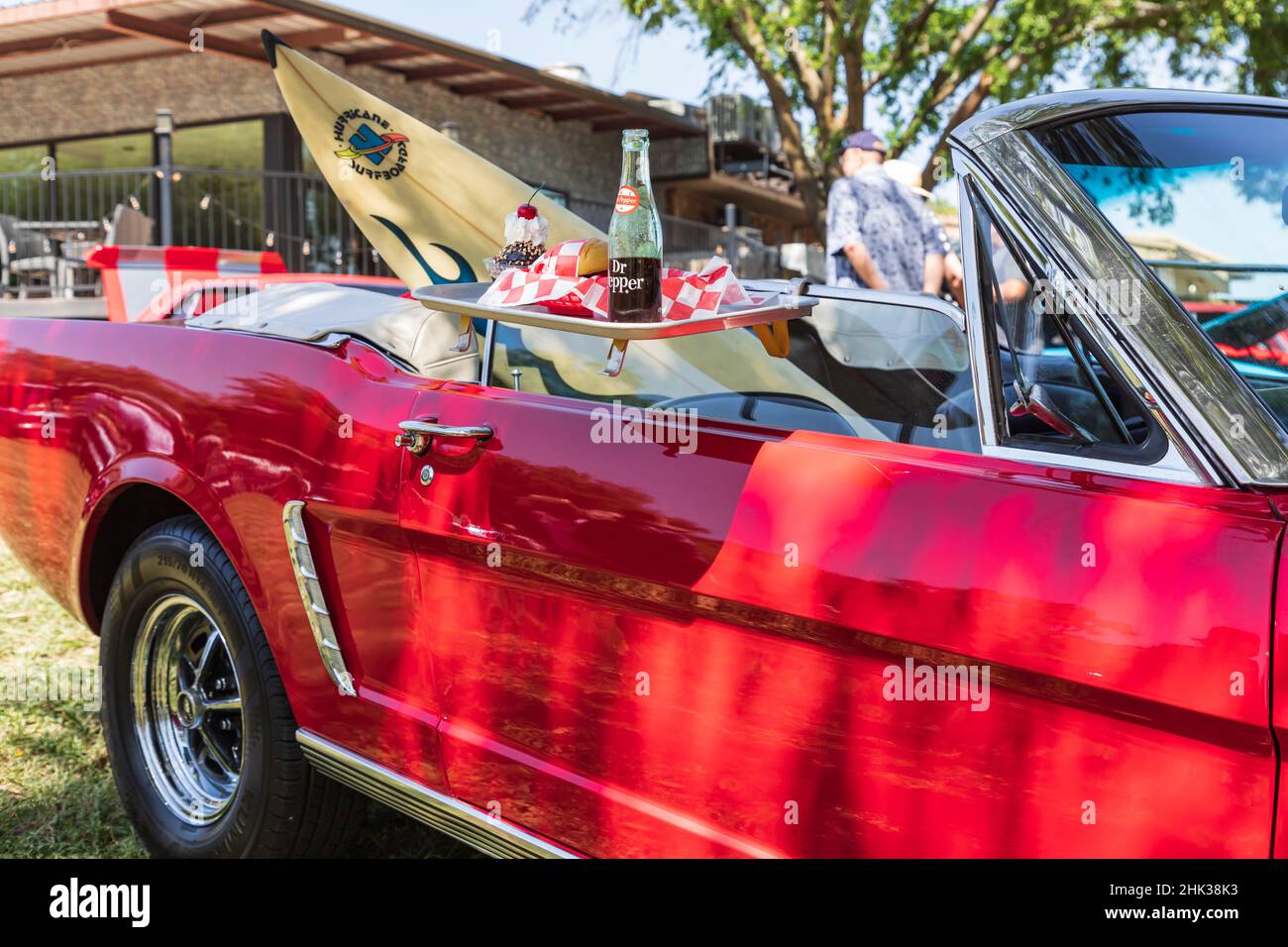 Marble Falls, Texas, USA. Vintage Ford Mustang with a Drivein food
