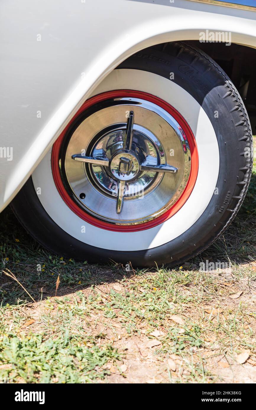 Marble Falls, Texas, USA. Whitewall tire and chrome hubcap on a vintage Dodge Coronet. (Editorial Use Only) Stock Photo