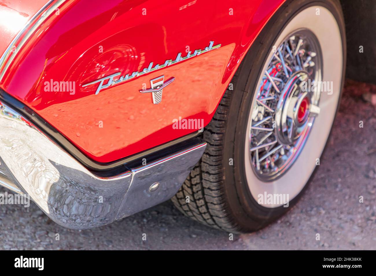 Marble Falls, Texas, USA. Logo and front wheel on a vintage Ford