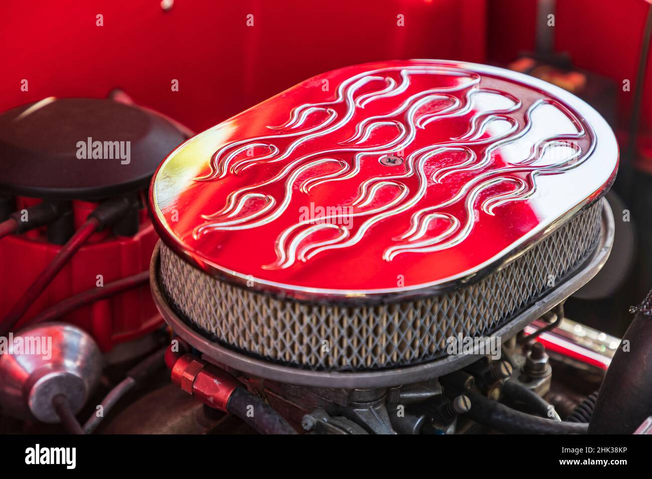 Marble Falls, Texas, USA. Chrome air filter cover with flame decoration