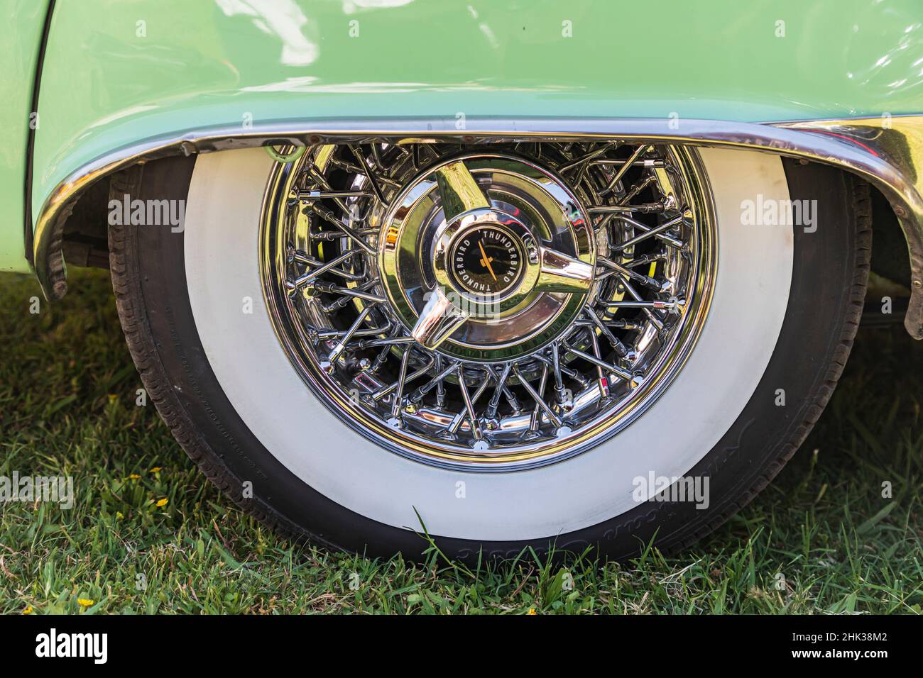 Marble Falls, Texas, USA. Spoked wheel with whitewall tire on a vintage Ford Thunderbird. (Editorial Use Only) Stock Photo