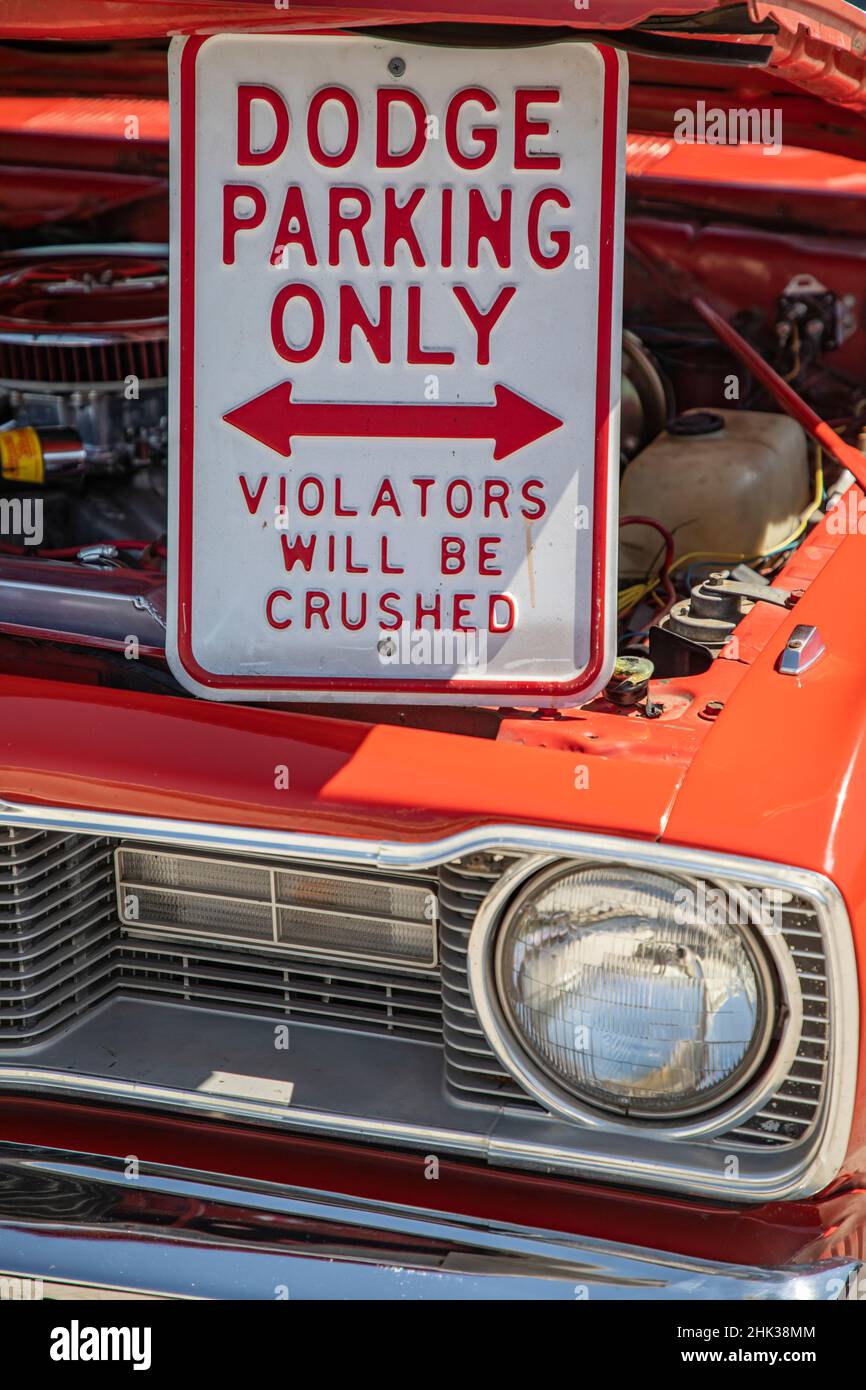 Marble Falls, Texas, USA. Sign on a vintage Dodge at a car show