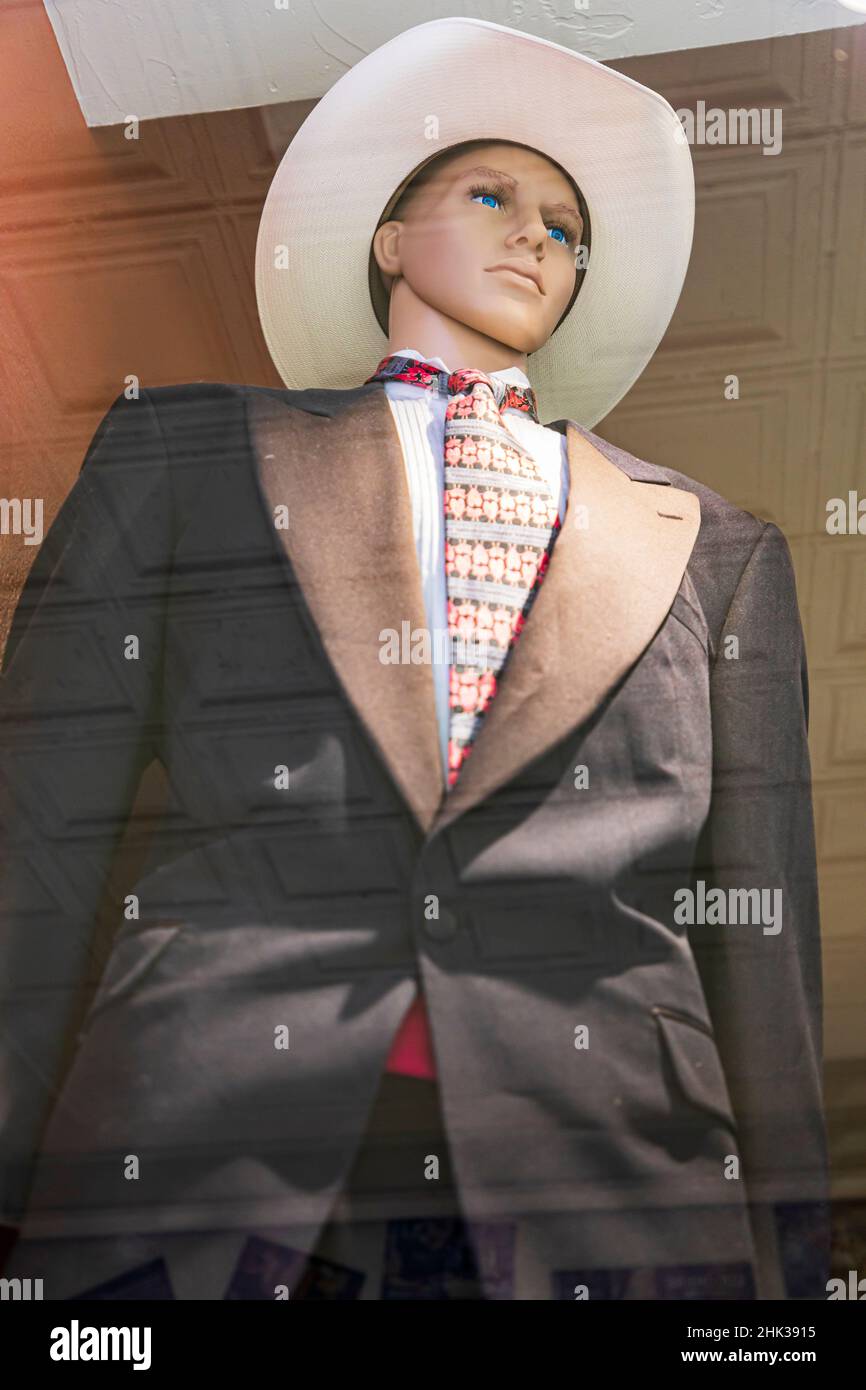 Fredericksburg, Texas, USA. Mannequin with a cowboy hat in a storefront