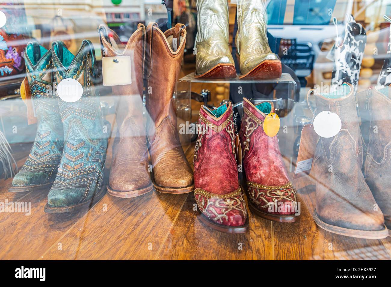 Fredericksburg, Texas, USA. Cowboy boots in a storefront window in the
