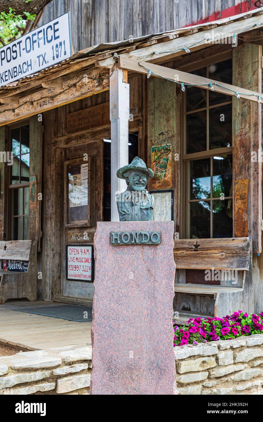 Luckenbach, Texas, USA. Statue of Hondo Crouch outside the post office