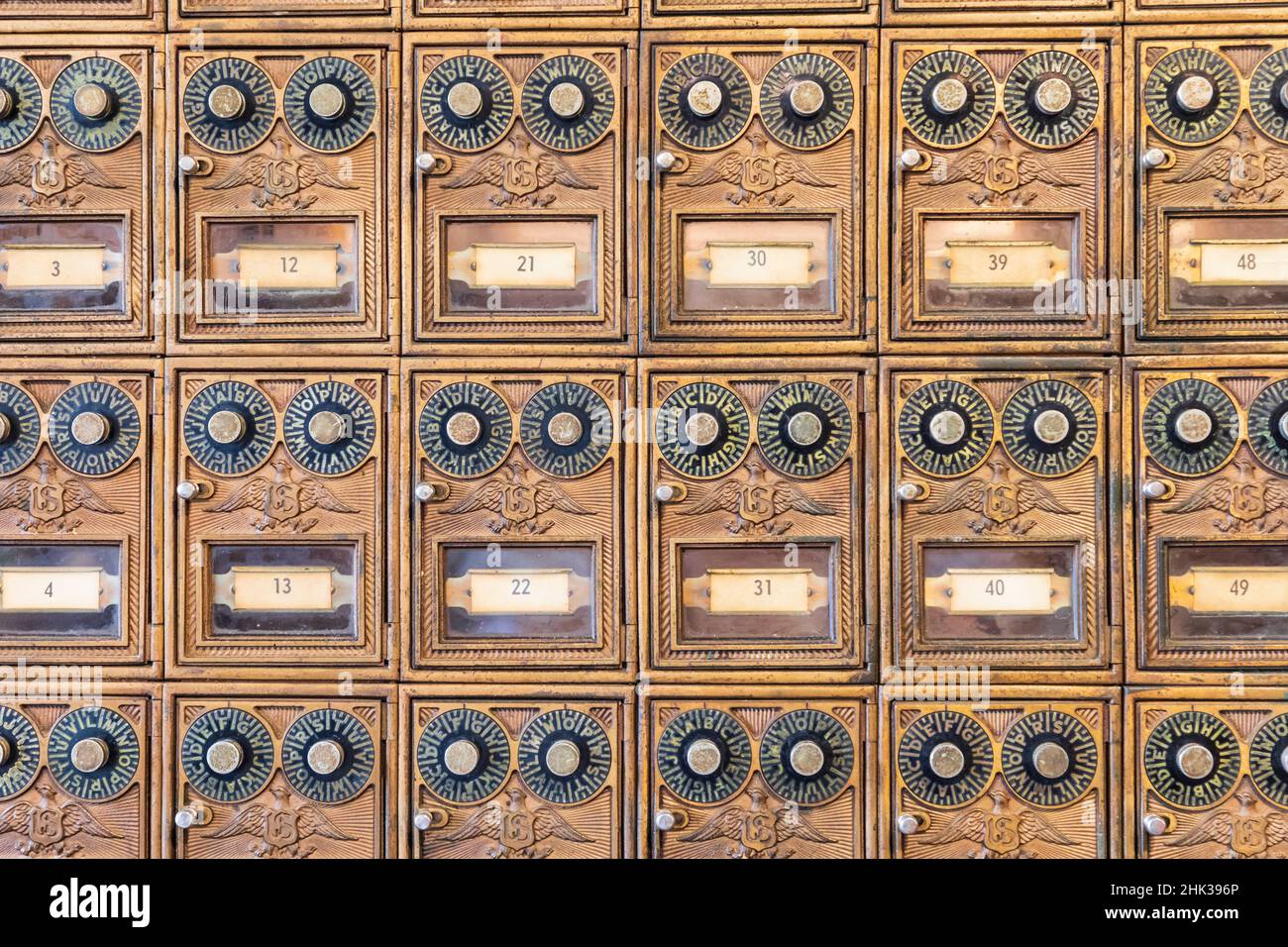 Center Point, Texas, USA. Antique brass. post office boxes. (Editorial