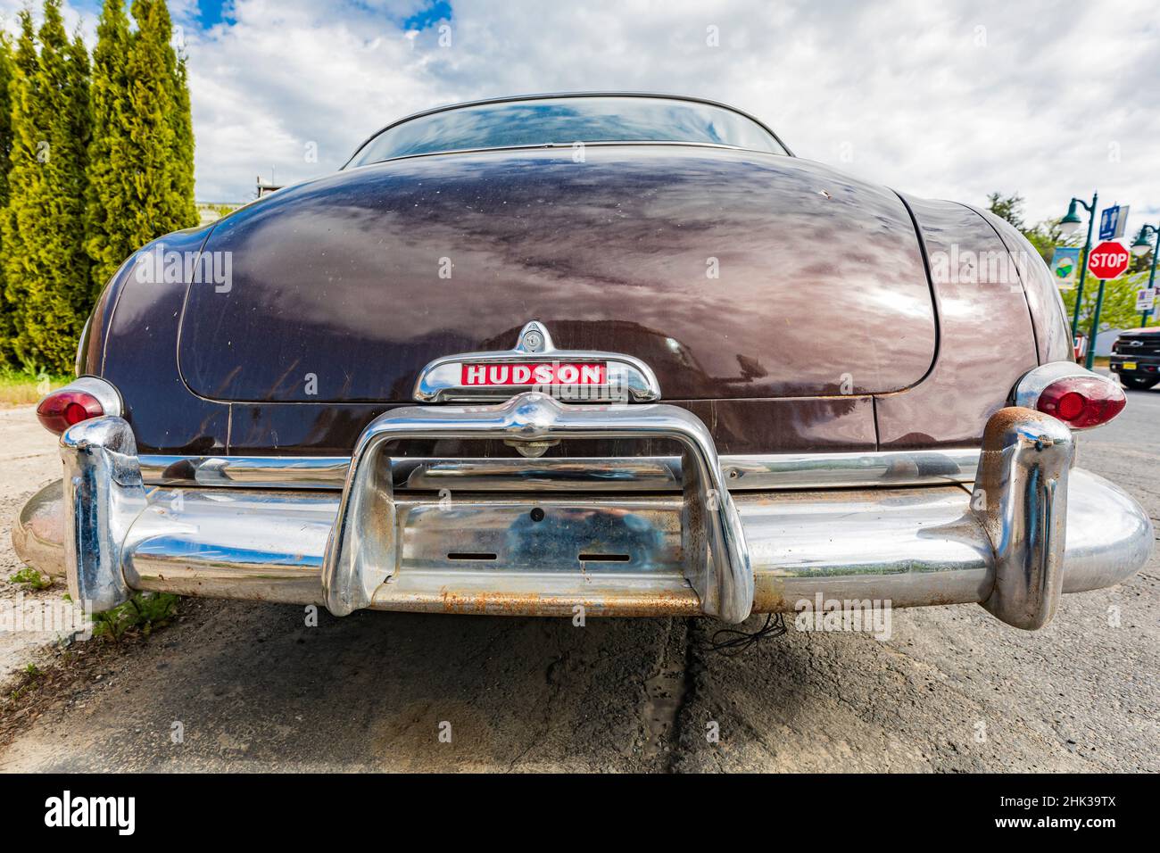 Palouse, Washington State, USA. Chrome rear bumper of a vintage Hudson Wasp. (Editorial Use Only) Stock Photo