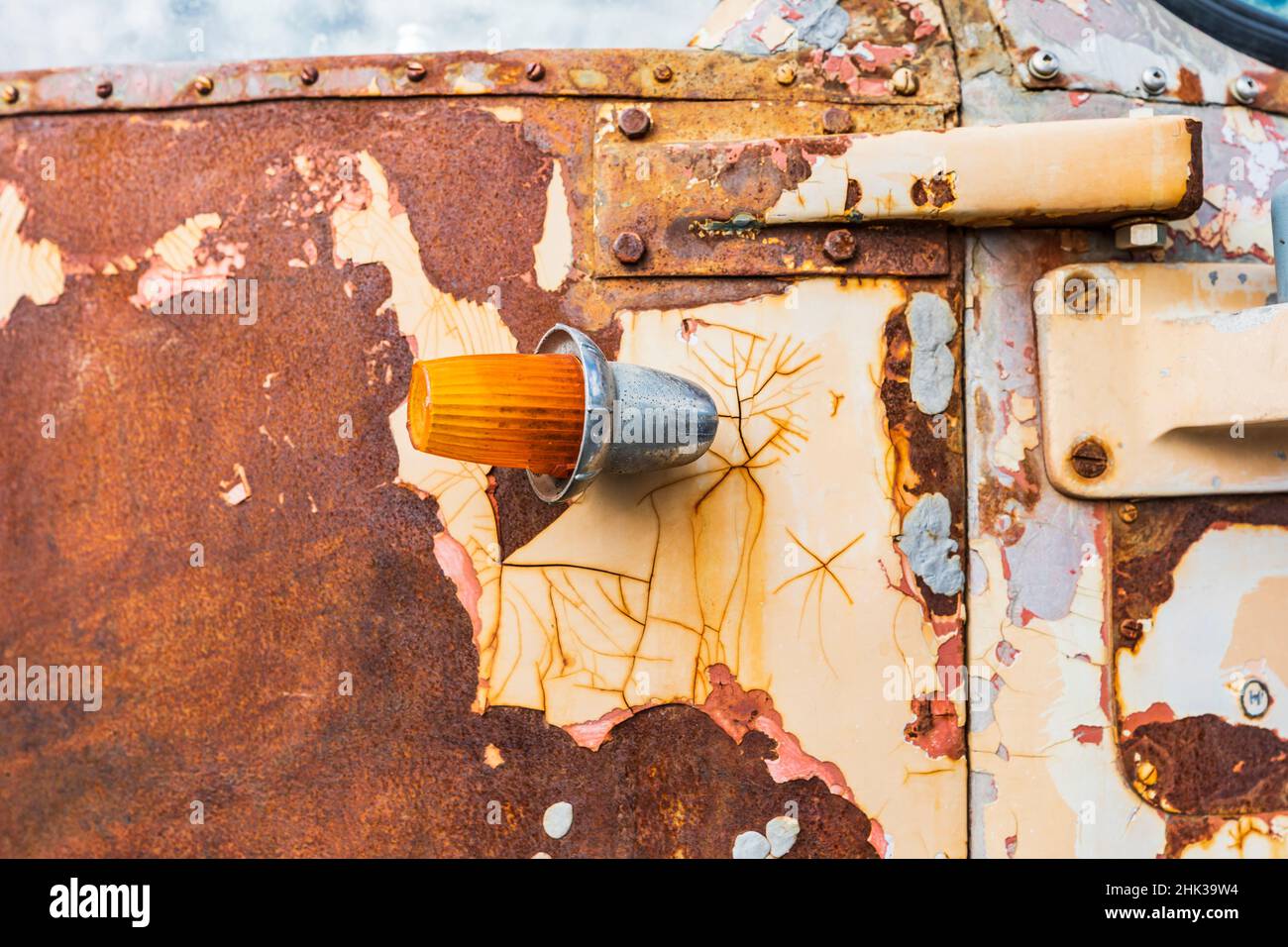 Palouse, Washington State, USA. Details of a rusted vintage Flexible brand bus. (Editorial Use Only) Stock Photo