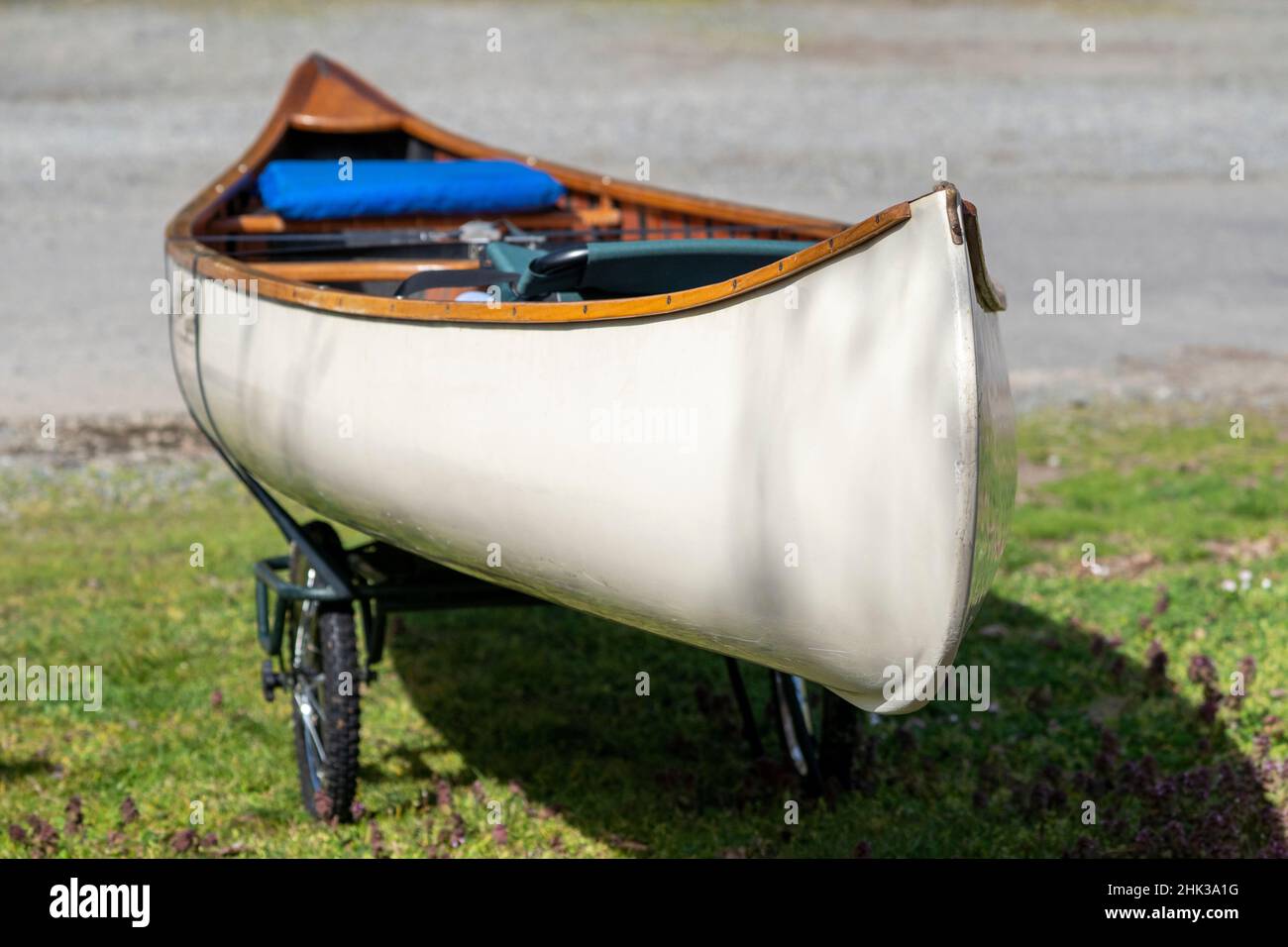 Issaquah, Washington State, USA. Canoe strapped to a cart to transport