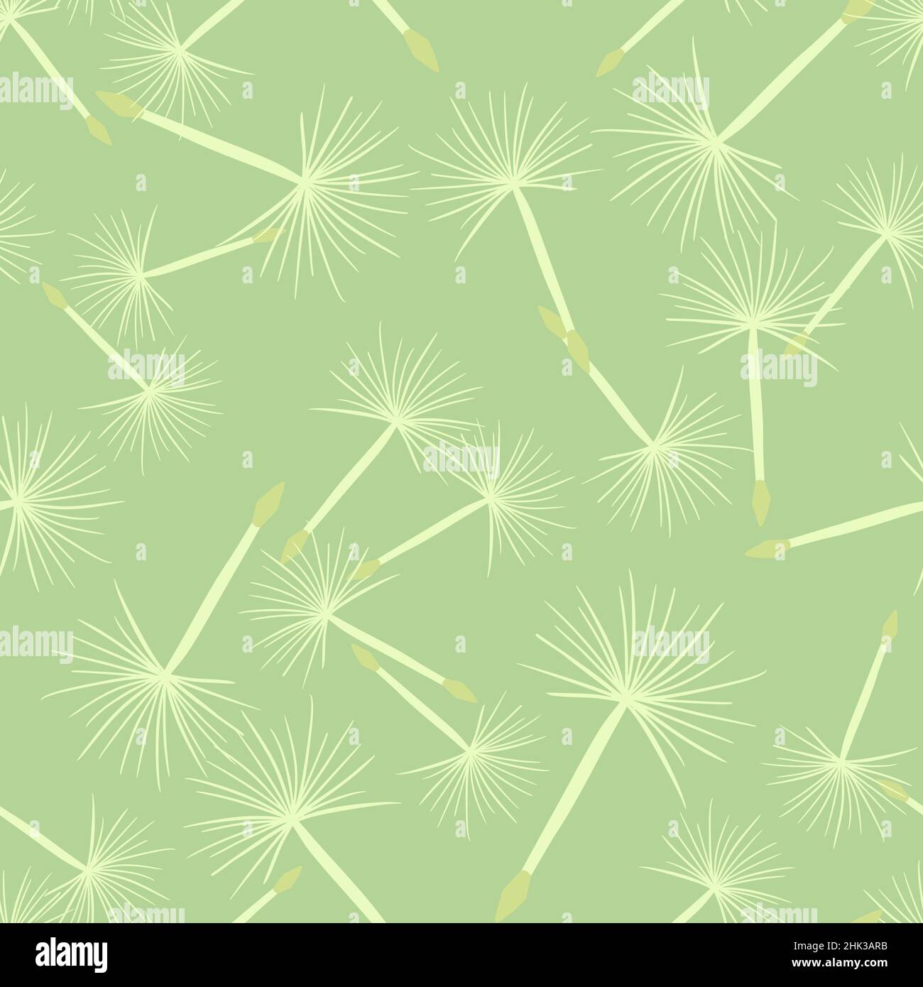 Random white dandelion elements seamless pattern in hand drawn style. Light green background. Flat vector print for textile, fabric, giftwrap, wallpap Stock Vector