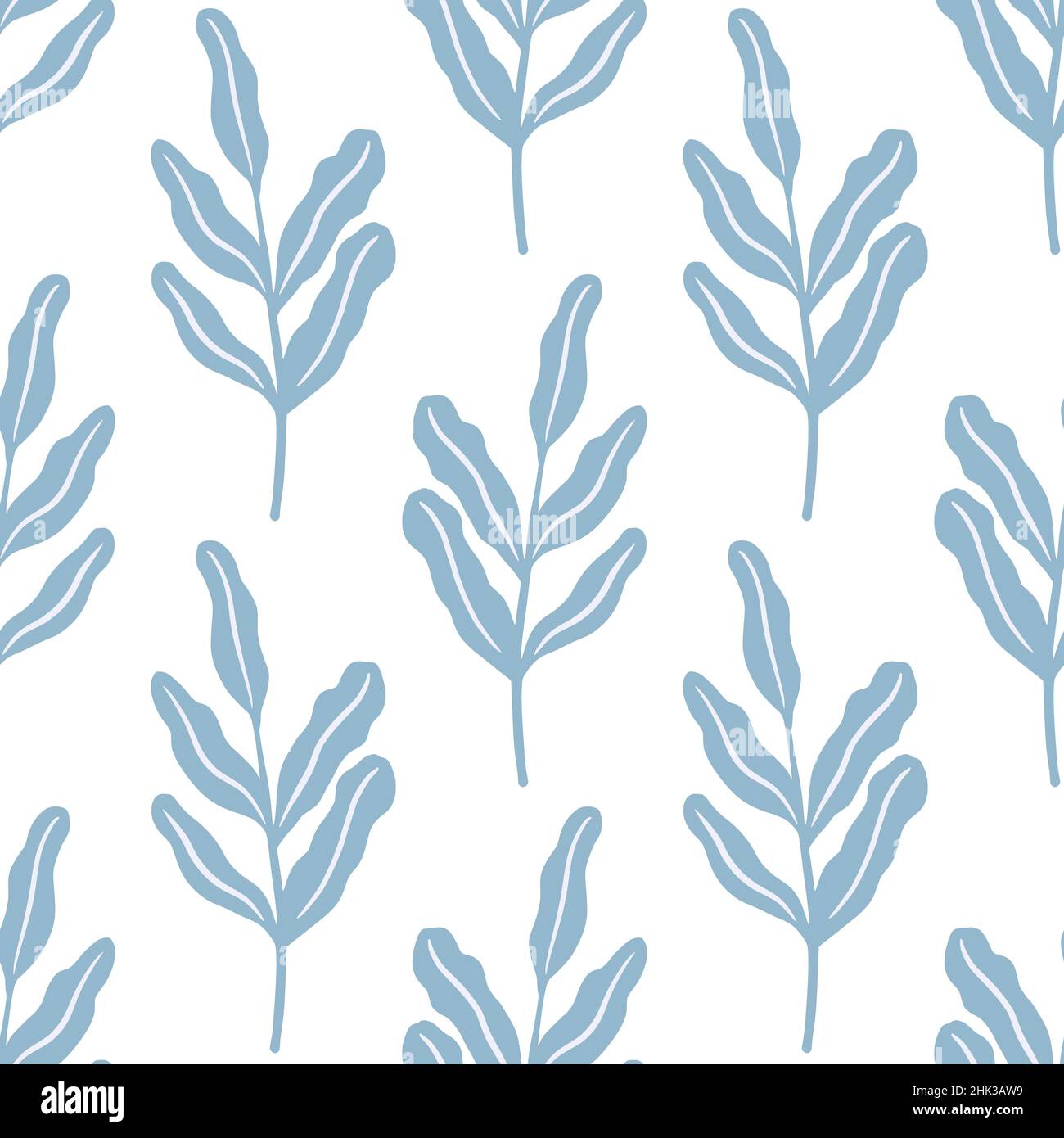 Isolated seamless pattern with blue foliage leaves ornament. White background. Scrapbook style. Flat vector print for textile, fabric, giftwrap, wallp Stock Vector
