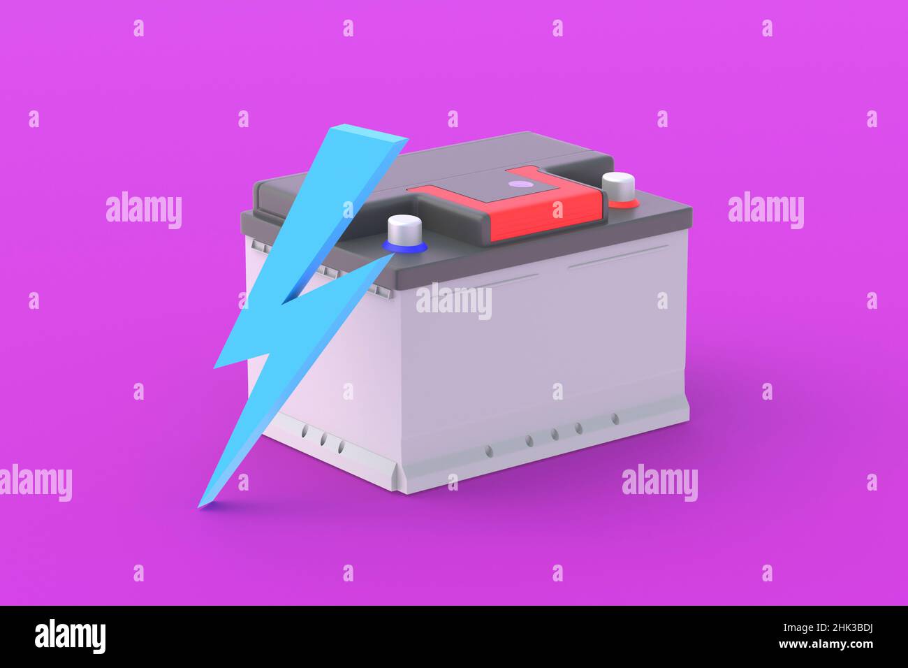 Auto battery near lightning on purple background. Battery capacity