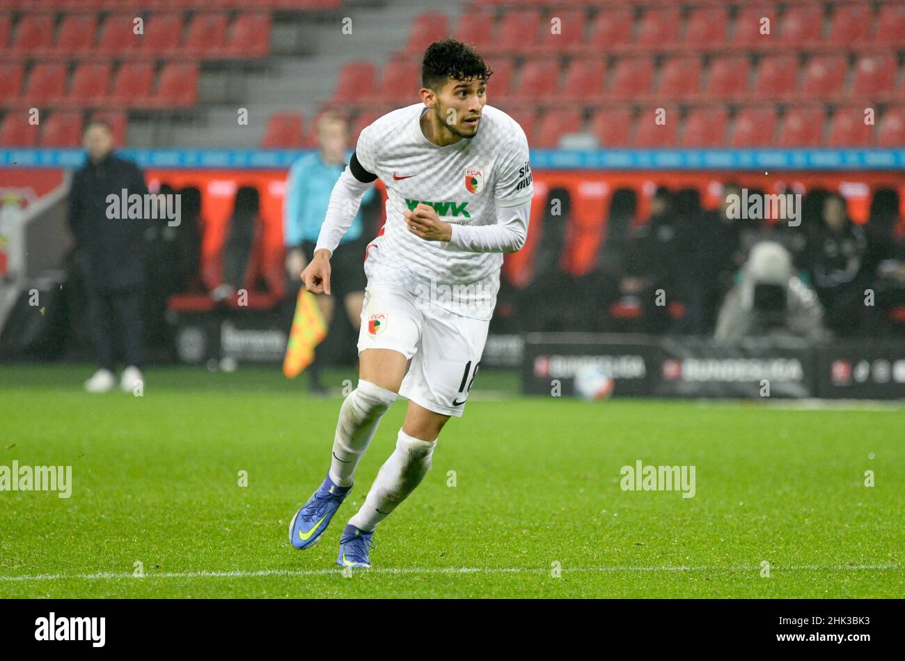 BayArena Leverkusen Germany,   22.1.2022, Football:  Bundesliga Season 2021/22, matchday 20, Bayer 04 Leverkusen (B04, red) vs FC Augsburg (FCA, white) -     Ricardo Pepi (FCA) Stock Photo