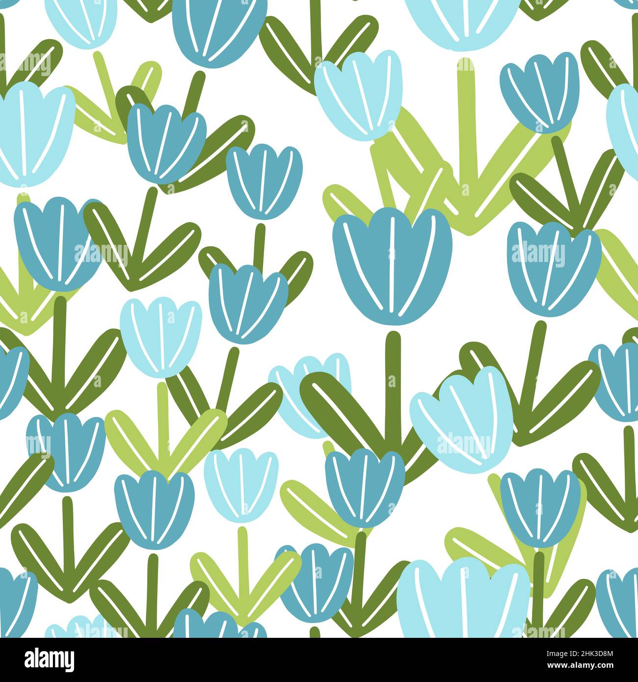 Botanic seamless pattern with random blue doodle tulip flowers elements ...