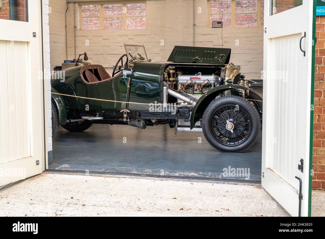 1924 Bentley 3 Liter Speed Model in a workshop at Bicester Heritage Centre Sunday scramble event. Oxfordshire, England Stock Photo