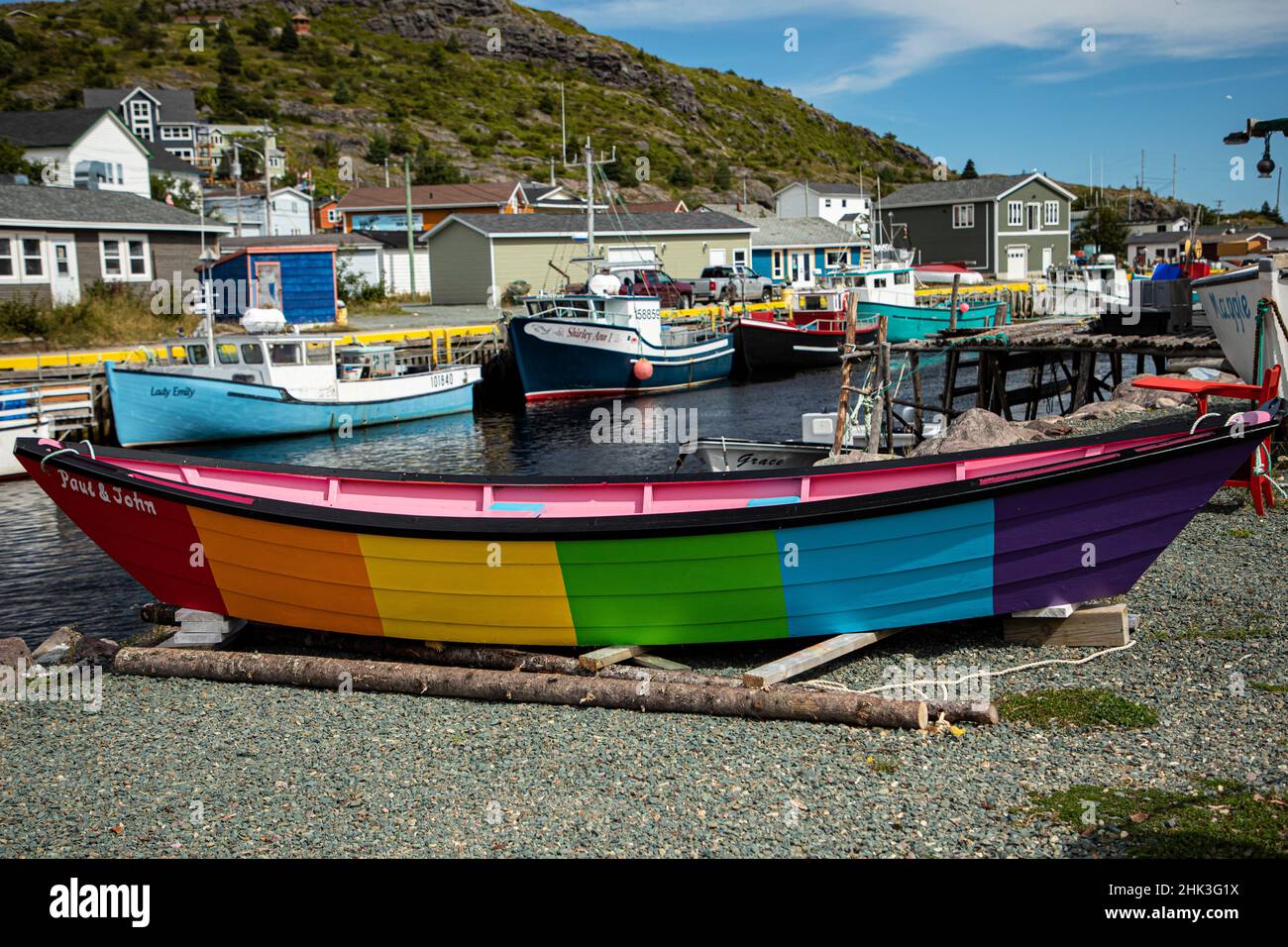 Canada, Newfoundland, colorful dory, village of Petty Harbour Stock
