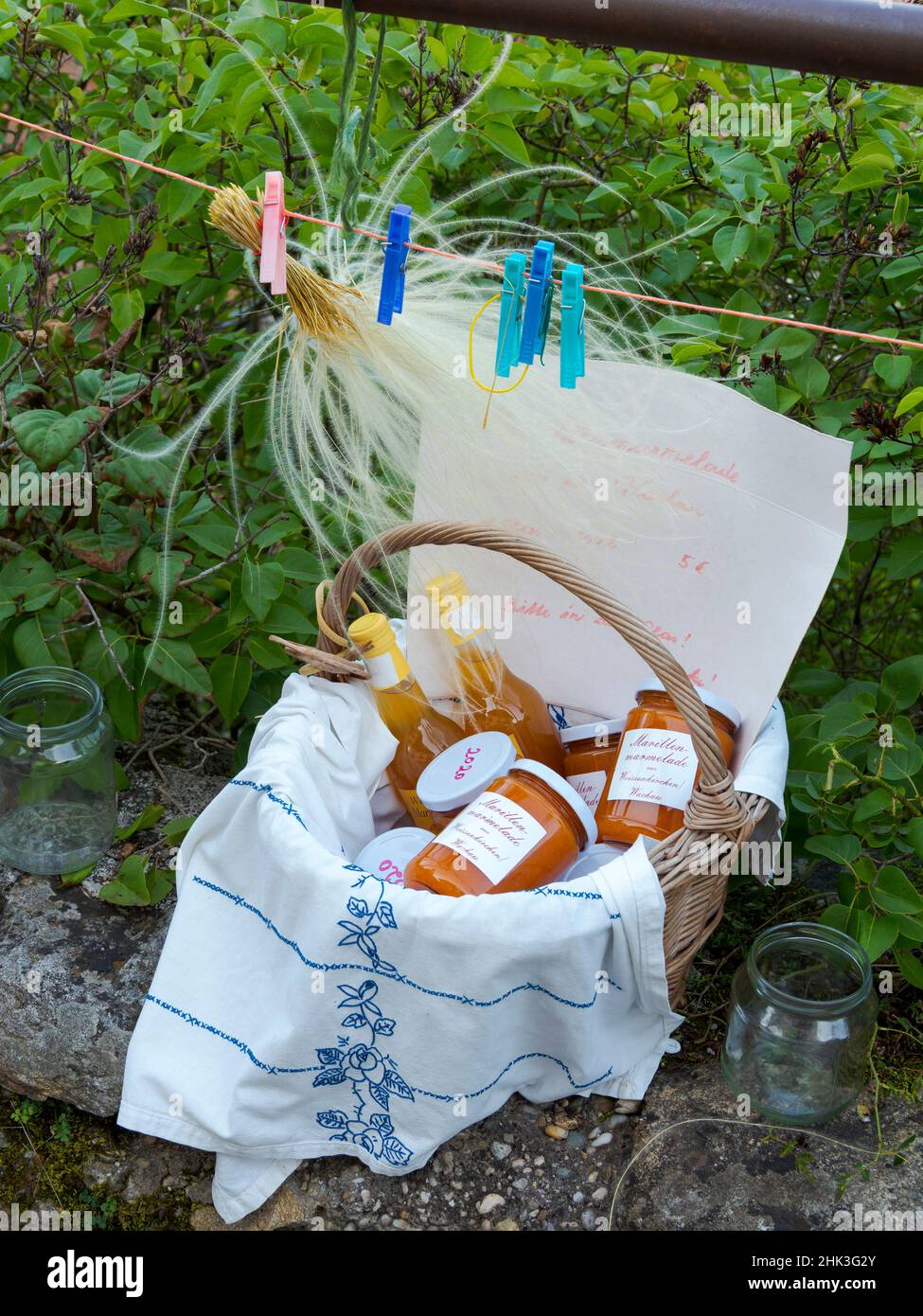 Local apricot jam and sand grass (Steinfeder) used for decorating traditional hats. Historic village Weissenkirchen located in wine-growing area, UNES Stock Photo