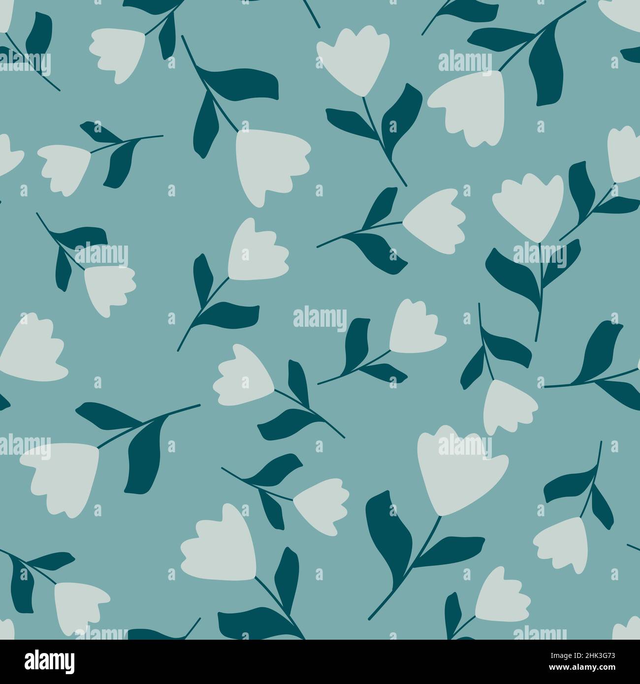 Seamless pattern with random tulip flower hand drawn ornament. Blue ...