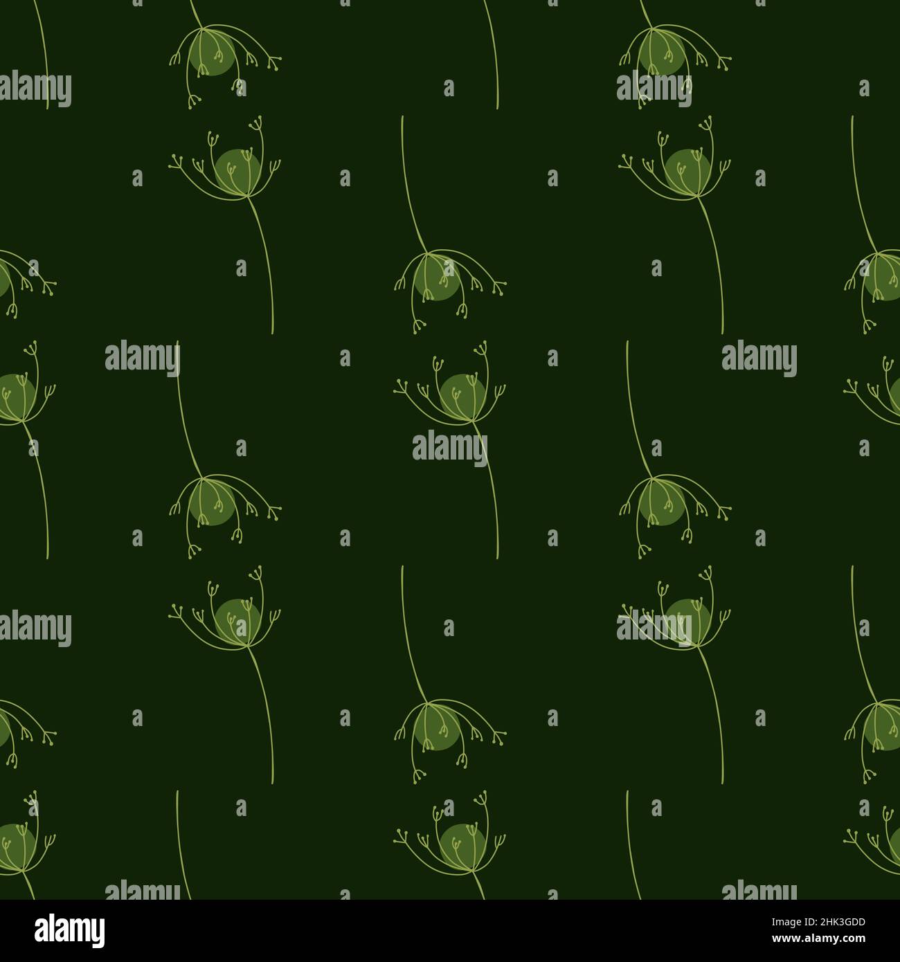 Field nature seamless doodle pattern with simple yarrow contoured shapes. Dark green background. Graphic design for wrapping paper and fabric textures Stock Vector