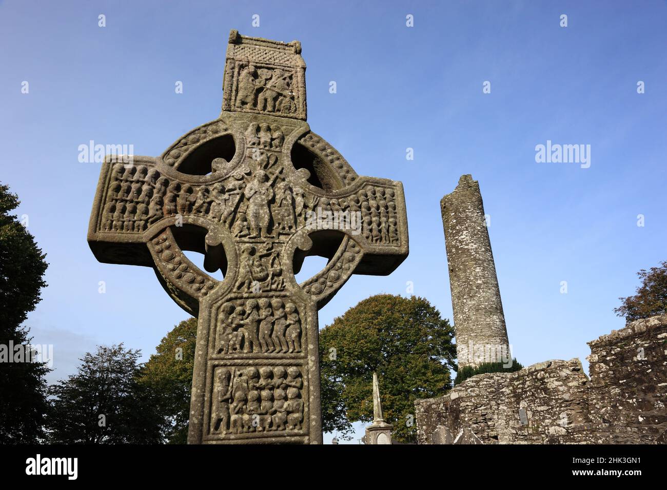 Muiredach-Kreuz, Cros Mhuireadaigh, Keltenkreuz, Hochkreuz Kreuz von Muiredach, Mainistir Bhuithe, Monasterboice, eine Klosterruine der Iroschottische Stock Photo