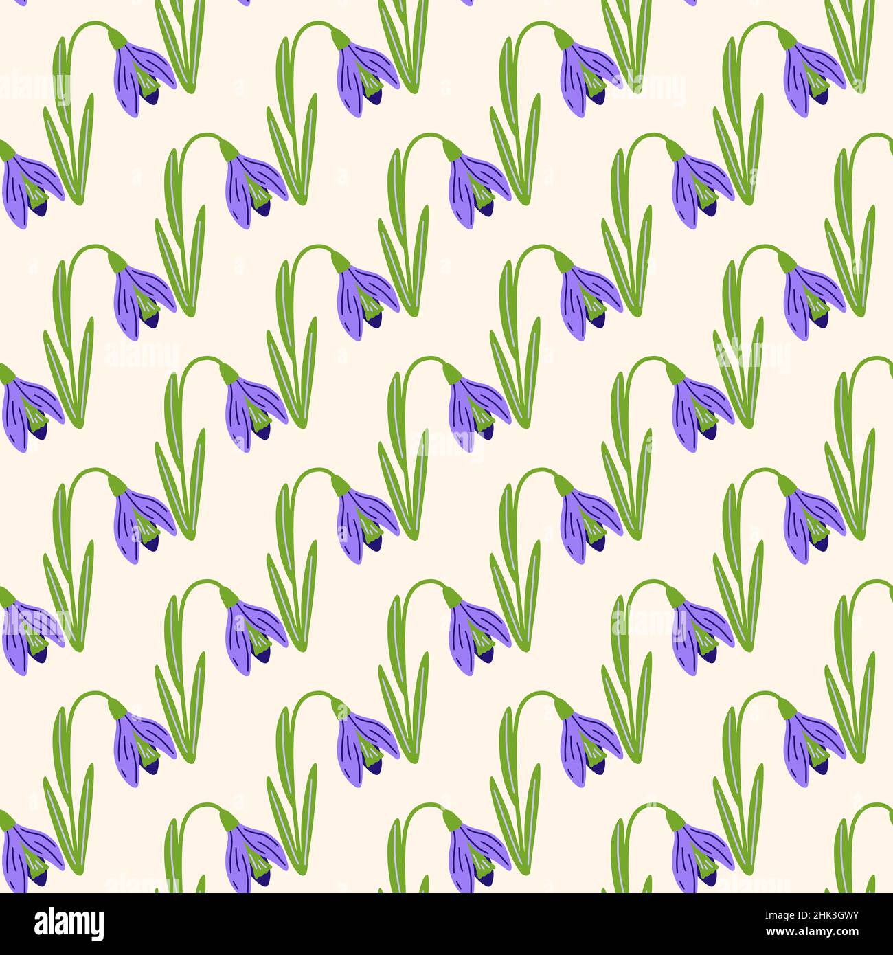 Purple colored snowdrops natural seamless pattern in doodle style. Isolated flowers backdrop. Vector illustration for seasonal textile prints, fabric, Stock Vector