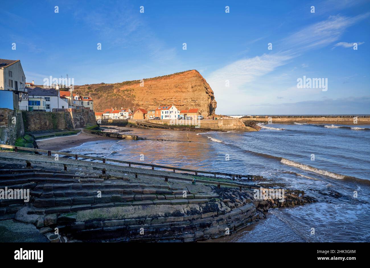 Staithes seaside town and sea defenses in North Yorkshire Stock Photo