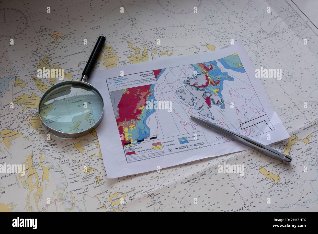 The map of Svalbard Islands and polar ice cap extension. Stock Photo