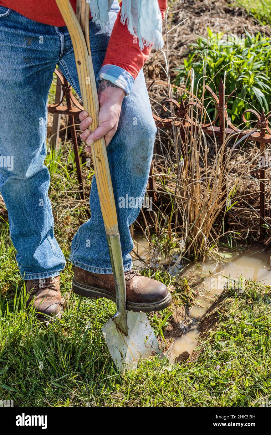 Man digging a drainage trench in waterlogged ground after a storm. Stock Photo