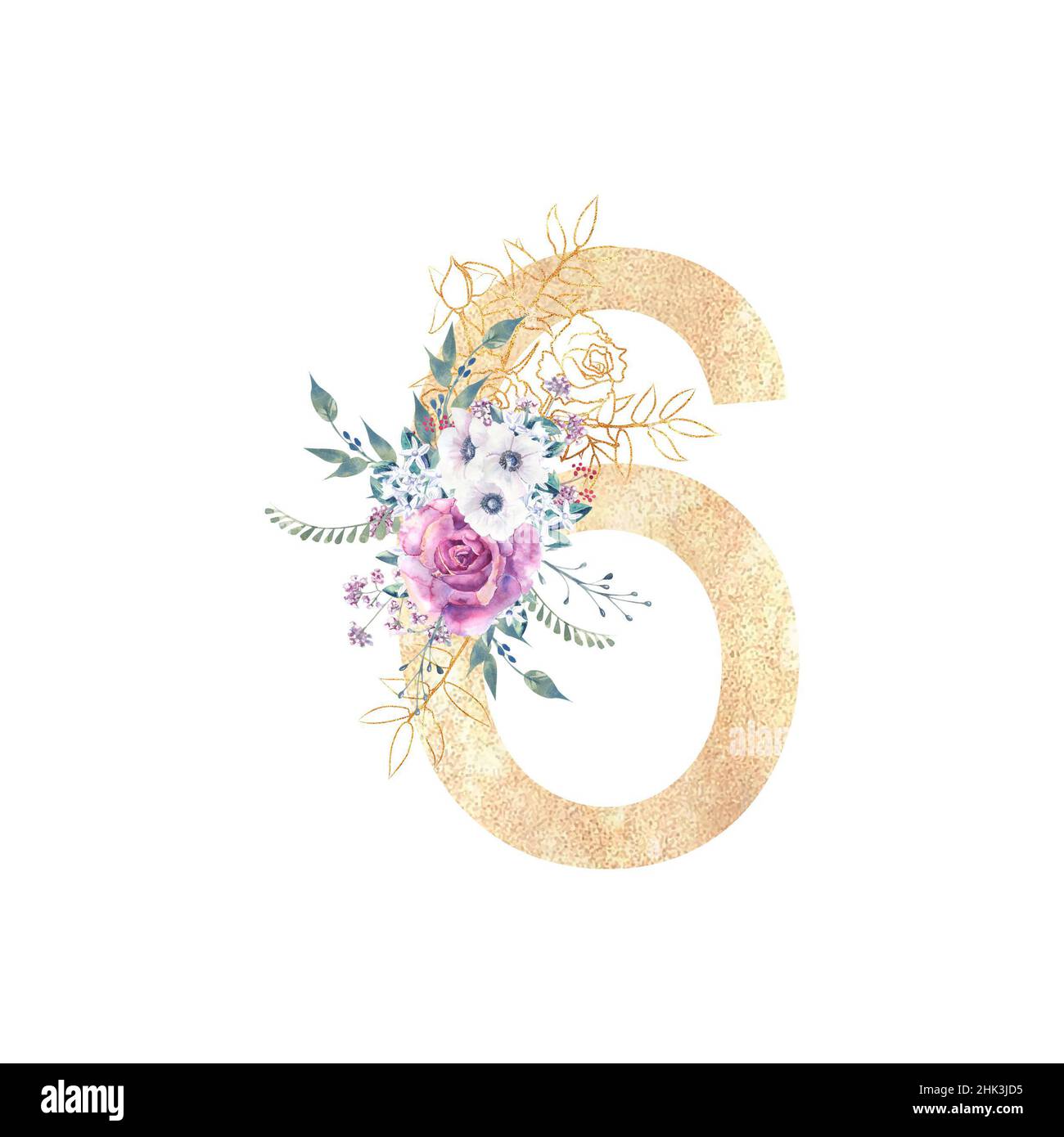 Design of a golden number 6 with flower bouquets of purple roses ...