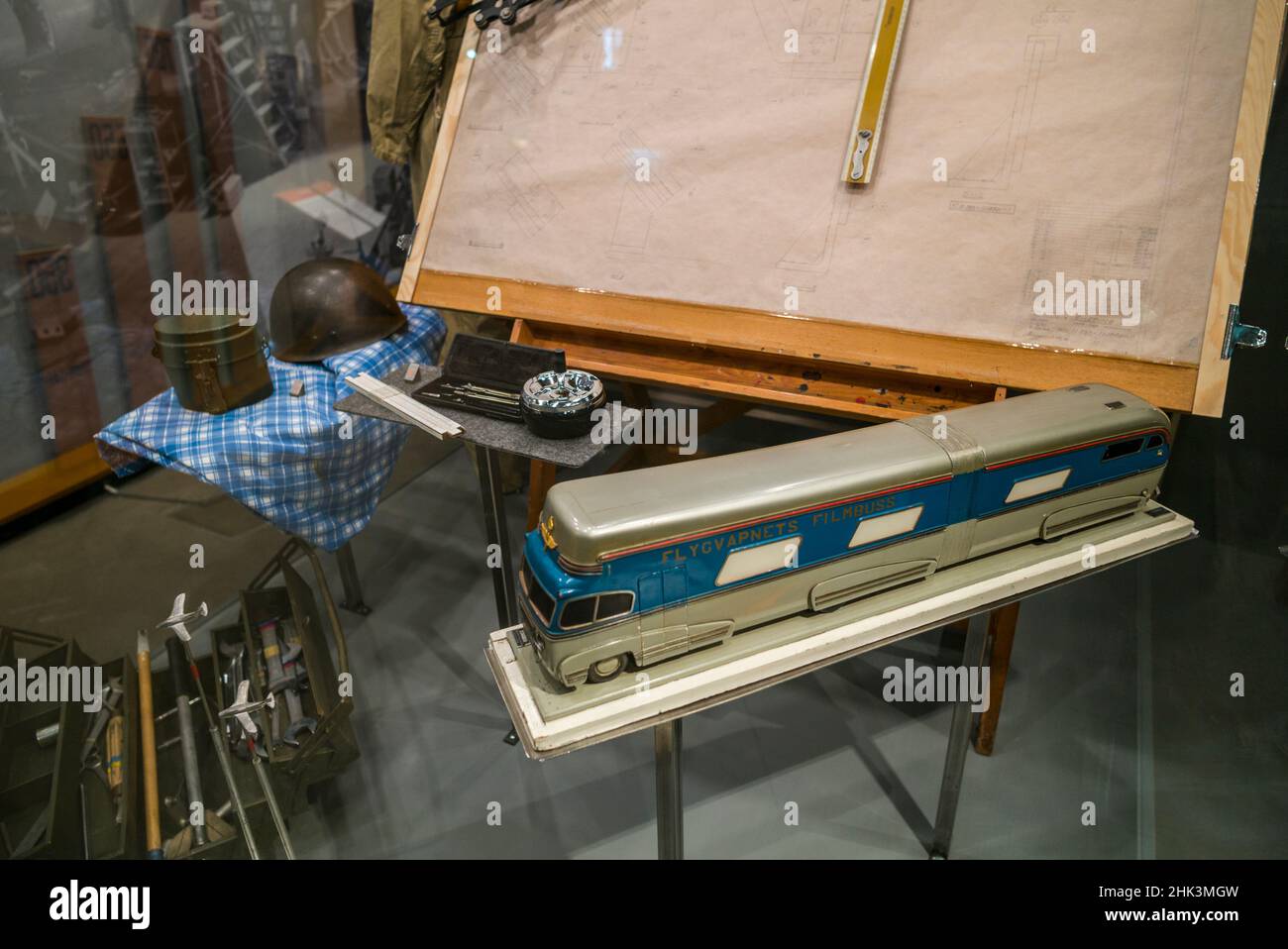 Sweden, Linkoping, Flygvapen Museum, Swedish Air Force Museum, model of Swedish Air Force film Bus Stock Photo