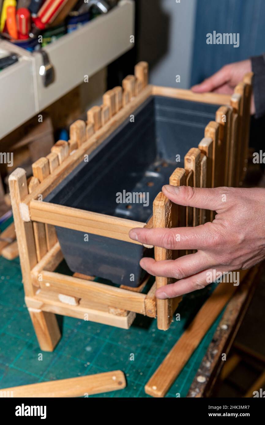 Making a planter with reclaimed wood Stock Photo