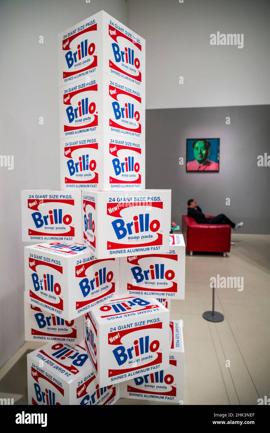 Sweden, Scania, Malmo, Moderna Museet Malmo modern art museum, Andy Warhol exhibit of pop-art Brillo boxes Stock Photo