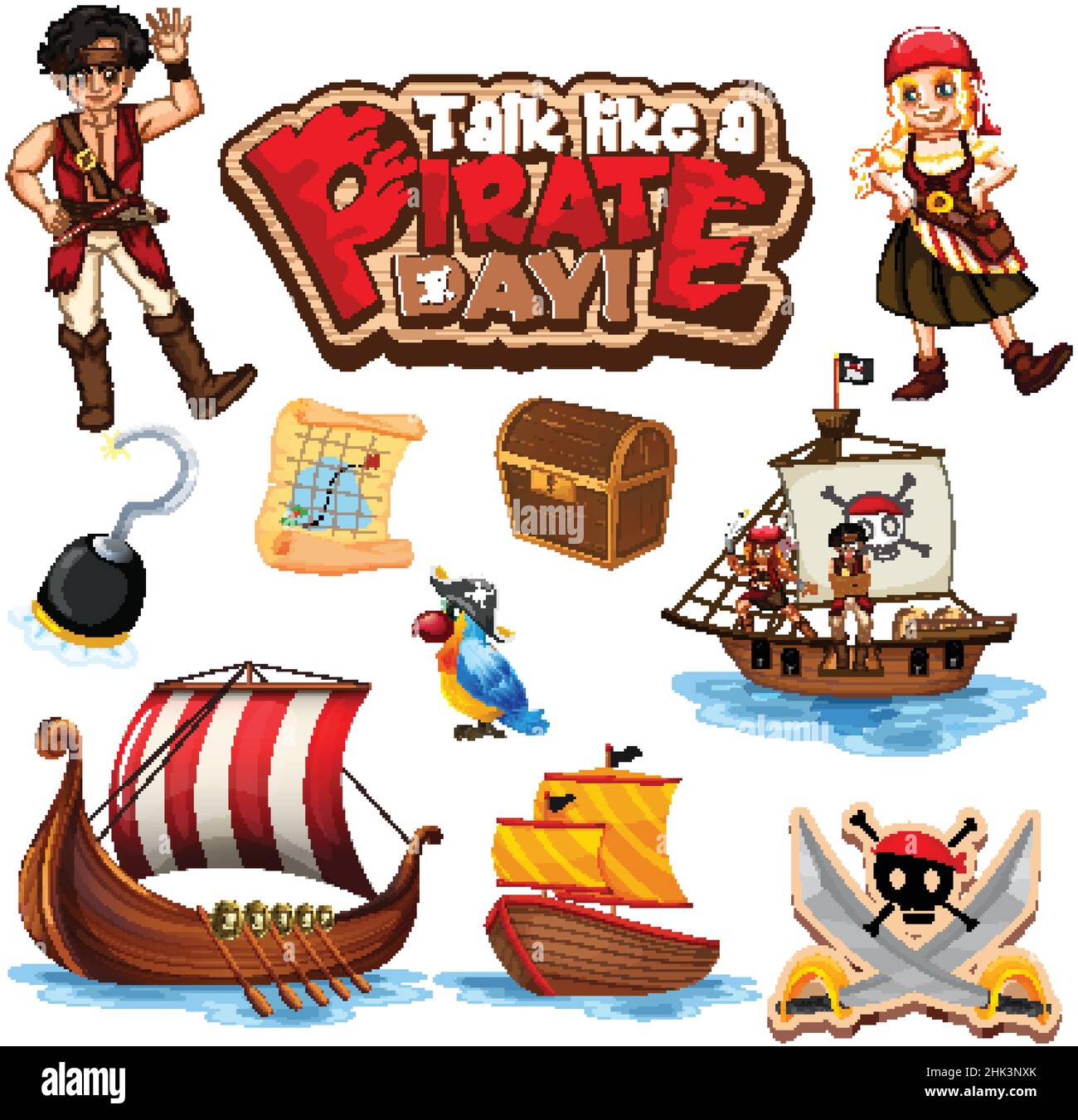 Set of pirate cartoon characters and objects illustration Stock Vector ...